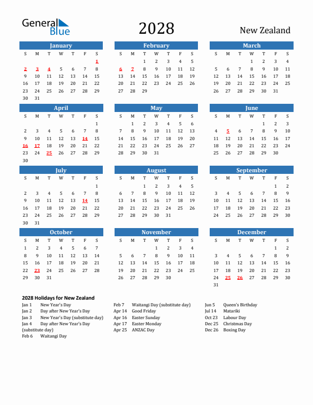 New Zealand 2028 Calendar with Holidays