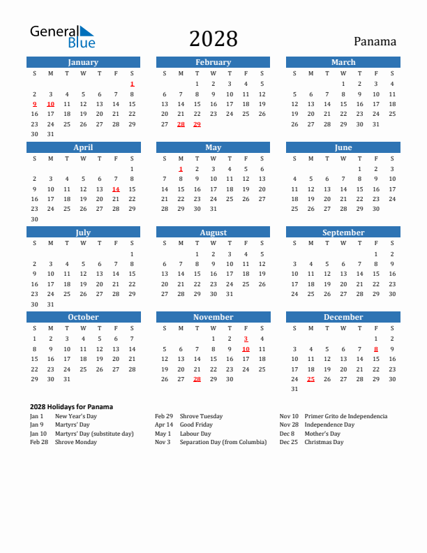 Panama 2028 Calendar with Holidays