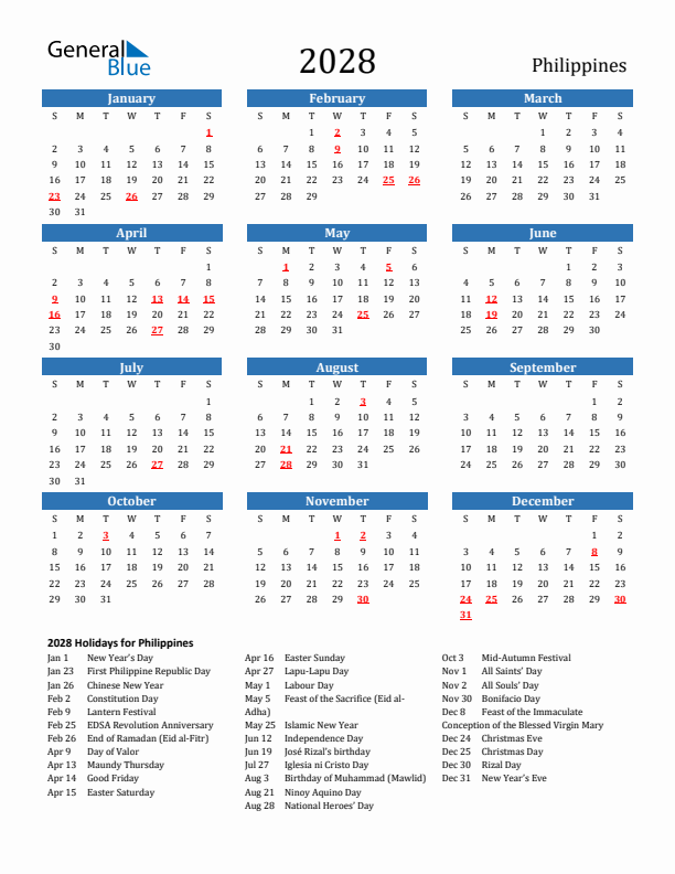 Philippines 2028 Calendar with Holidays