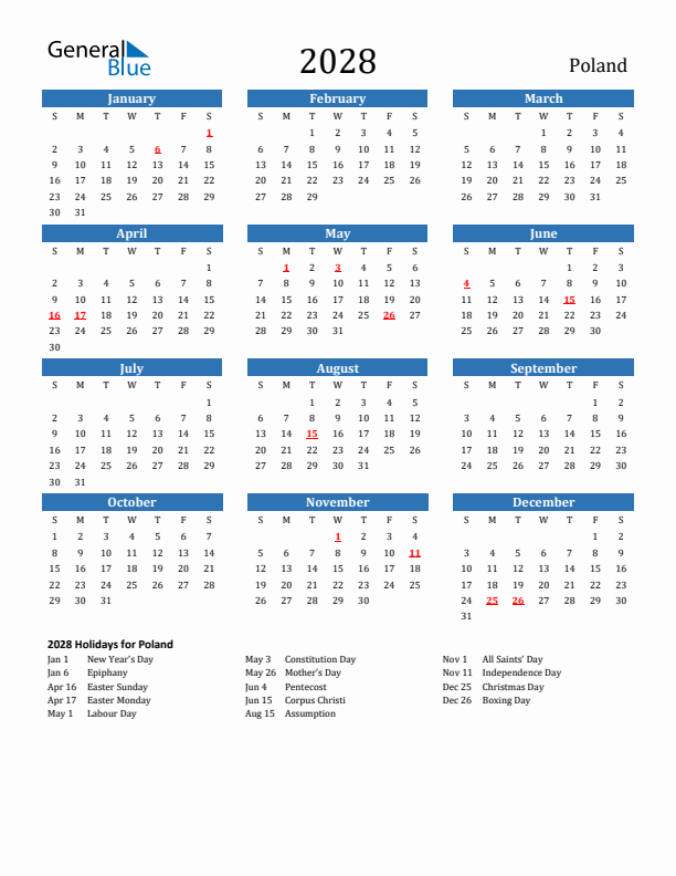 Poland 2028 Calendar with Holidays