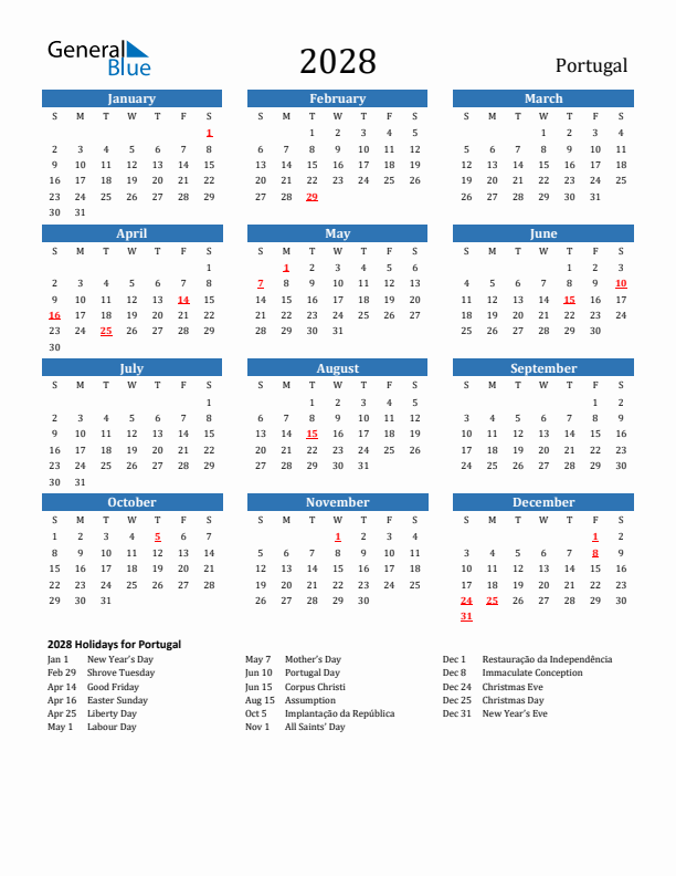Portugal 2028 Calendar with Holidays