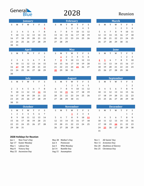 Reunion 2028 Calendar with Holidays