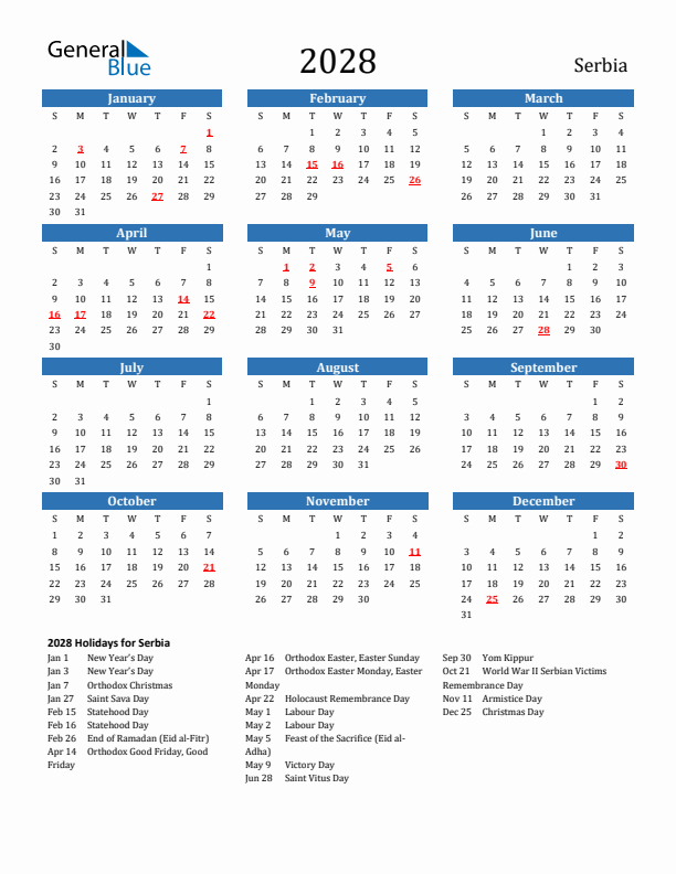 Serbia 2028 Calendar with Holidays