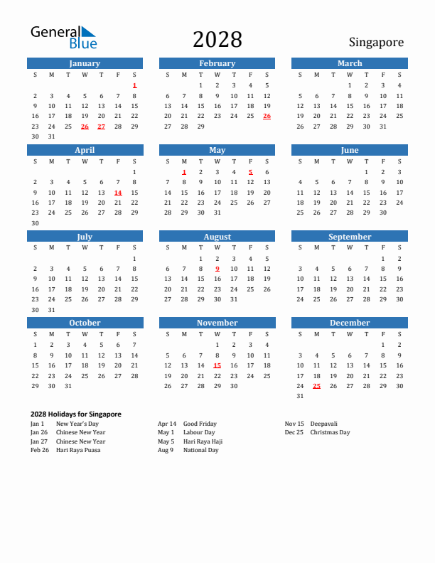 Singapore 2028 Calendar with Holidays