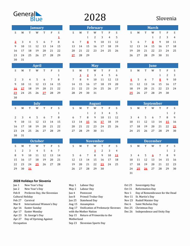 Slovenia 2028 Calendar with Holidays