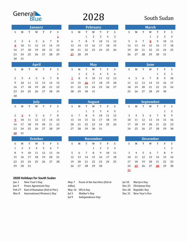 South Sudan 2028 Calendar with Holidays