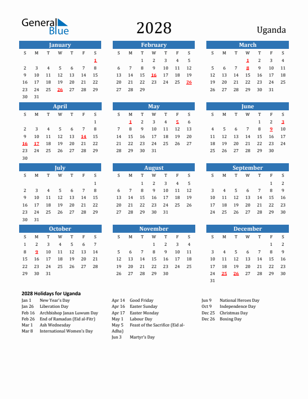 Uganda 2028 Calendar with Holidays