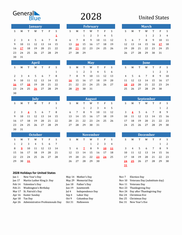United States 2028 Calendar with Holidays