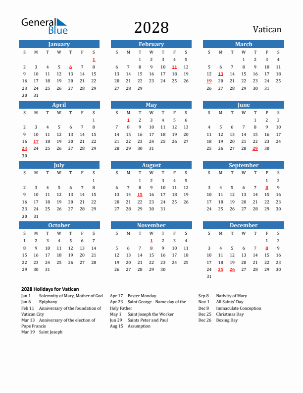 Vatican 2028 Calendar with Holidays