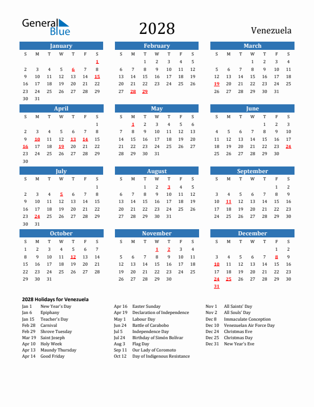 Venezuela 2028 Calendar with Holidays