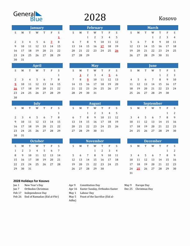 Kosovo 2028 Calendar with Holidays
