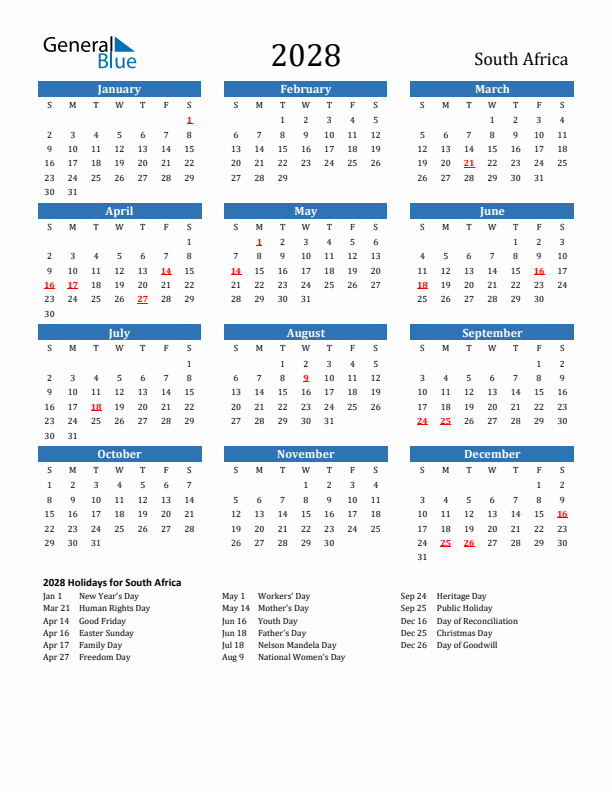 South Africa 2028 Calendar with Holidays