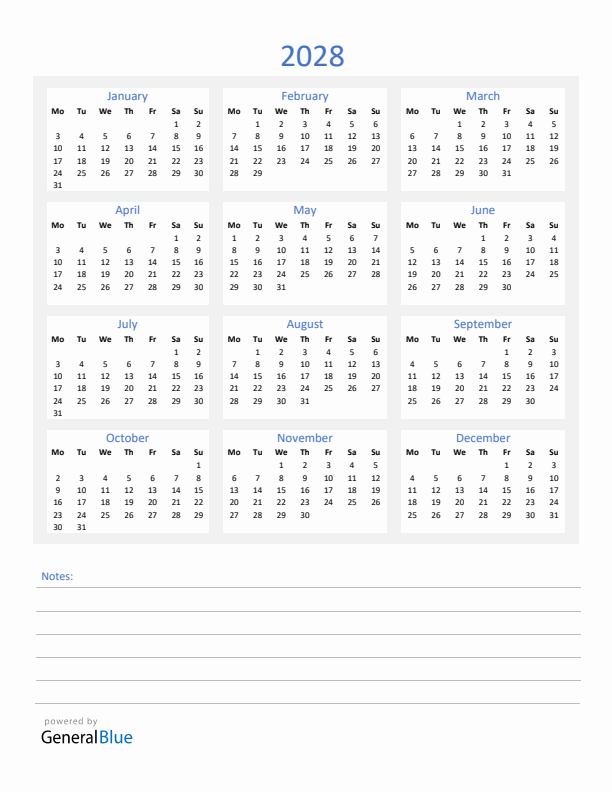 2028 Yearly Calendar Template with Notes Section (PDF Excel Word)