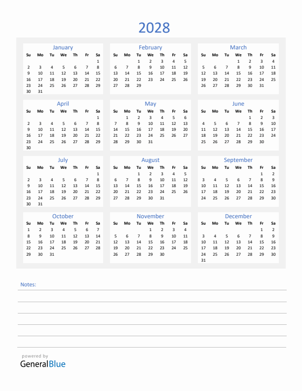 2028 Yearly Calendar Template with Notes Section (PDF Excel Word)
