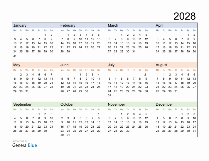 Free Downloadable 2028 Yearly Calendar Template 