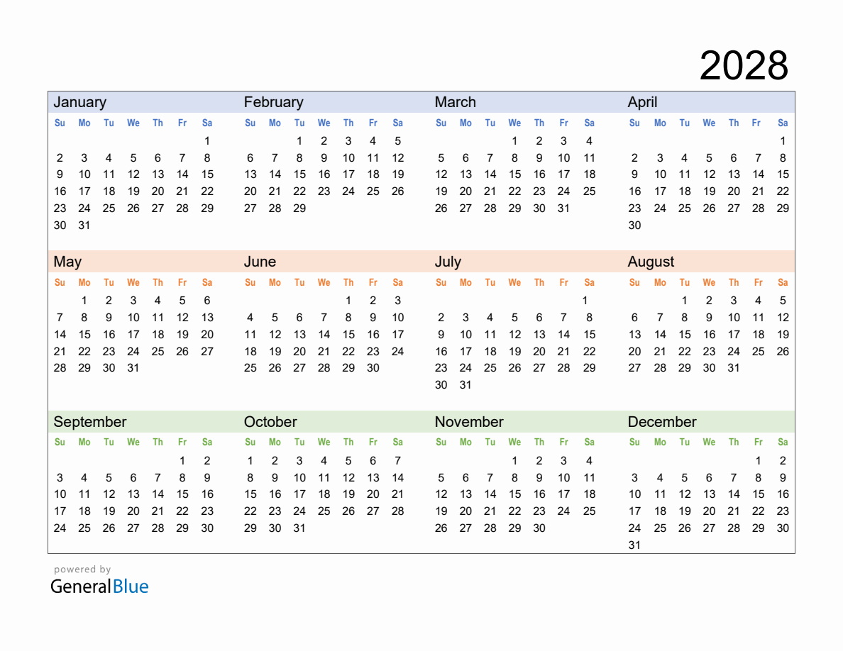 Free Downloadable 2028 Yearly Calendar Template