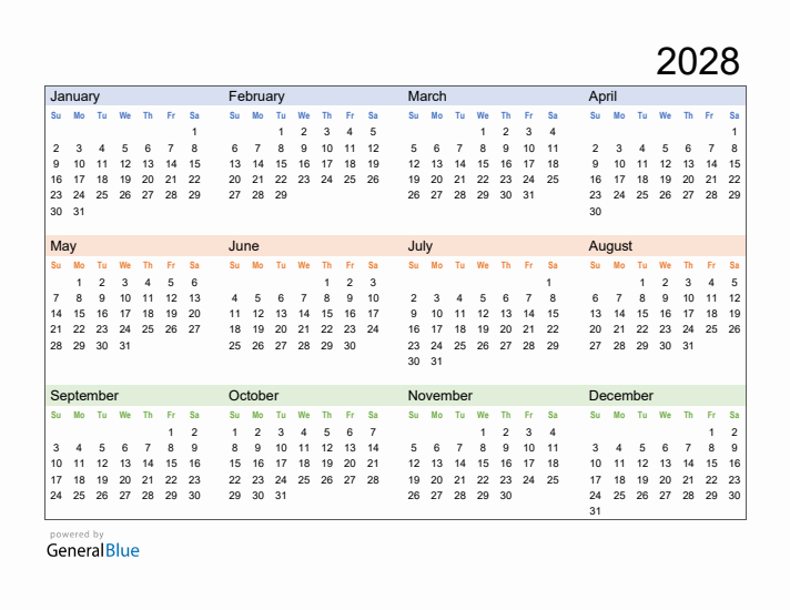 Free Downloadable 2028 Yearly Calendar Template 