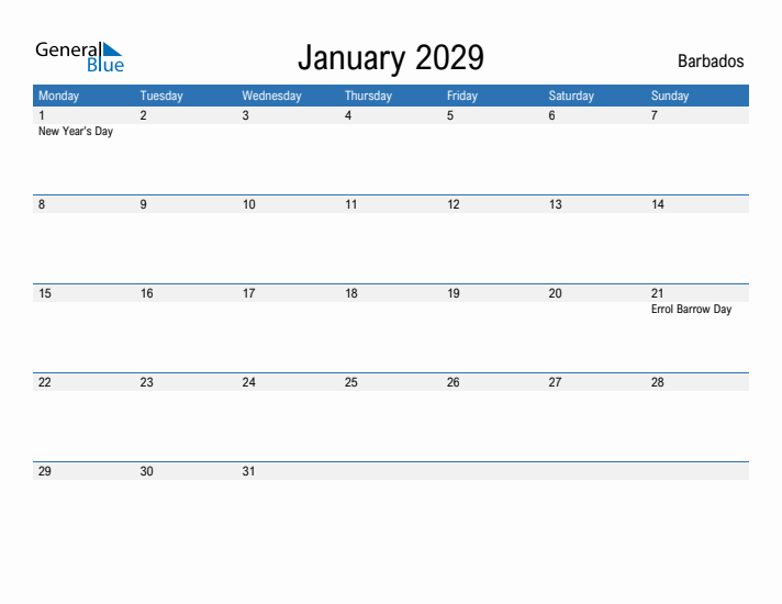Fillable January 2029 Calendar