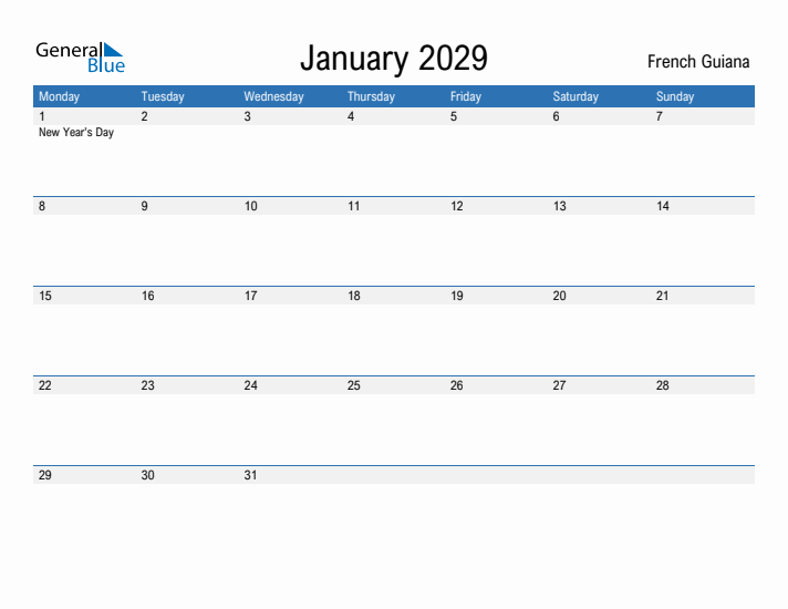 Fillable January 2029 Calendar