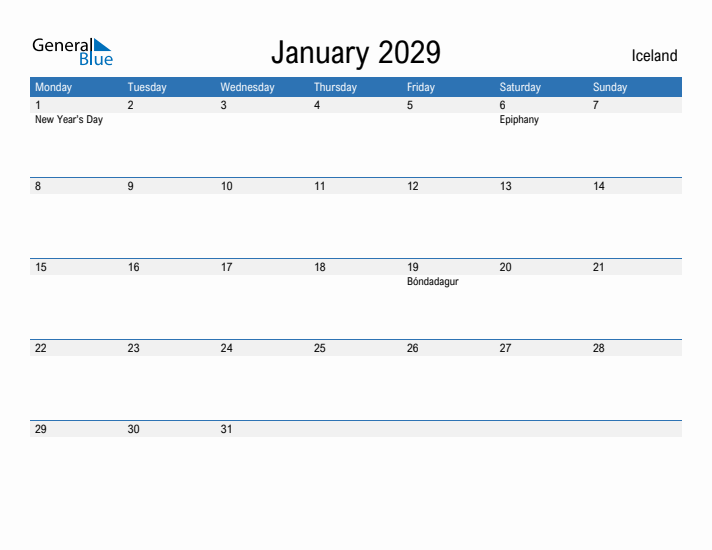 Fillable January 2029 Calendar