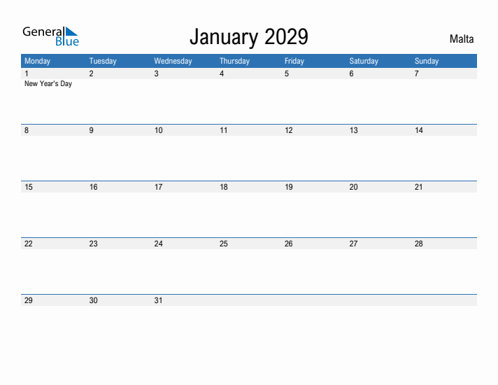 Fillable January 2029 Calendar