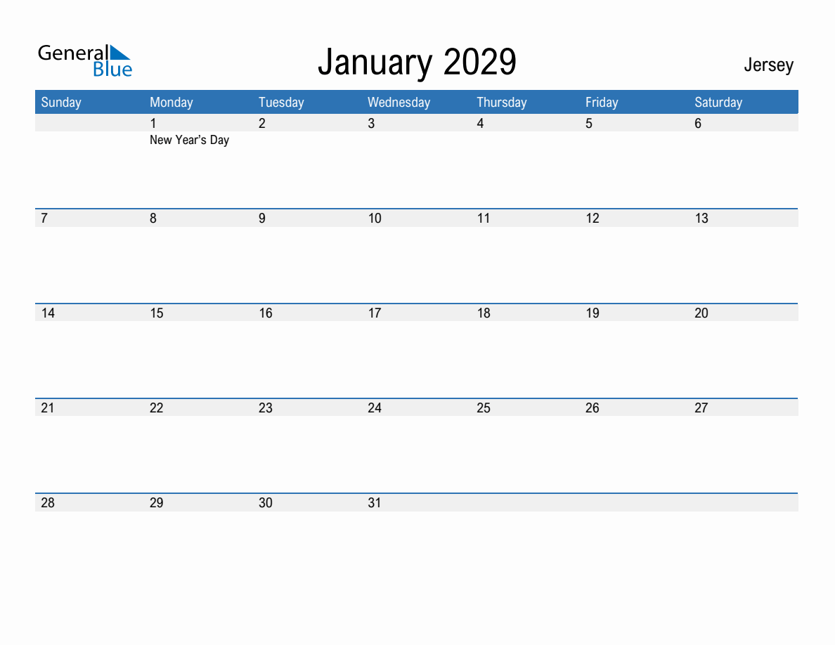 Editable January 2029 Calendar with Jersey Holidays