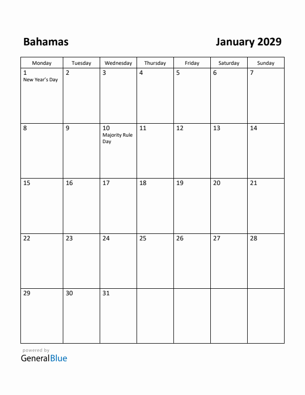 January 2029 Calendar with Bahamas Holidays