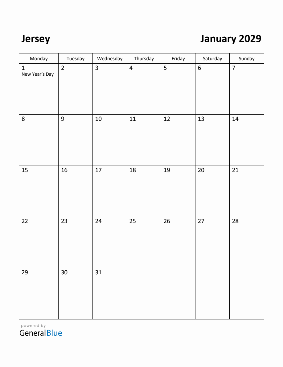 Free Printable January 2029 Calendar for Jersey