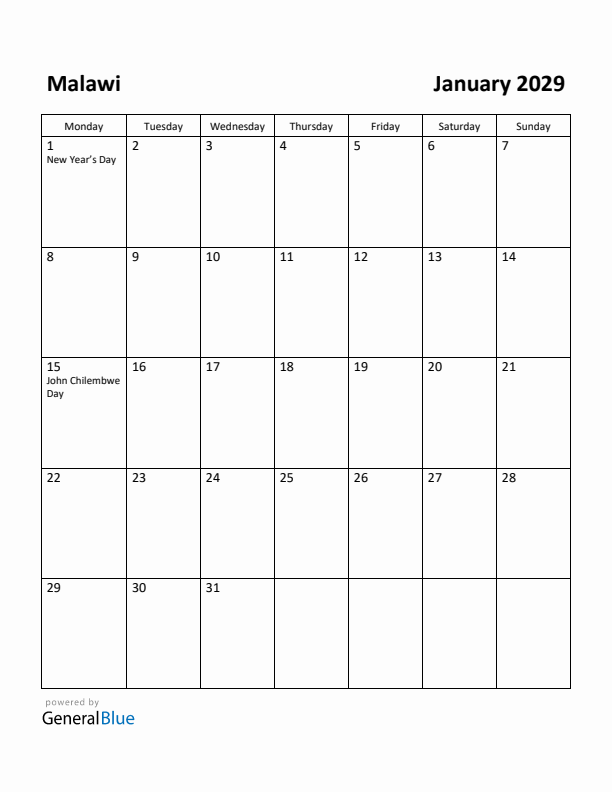 January 2029 Calendar with Malawi Holidays