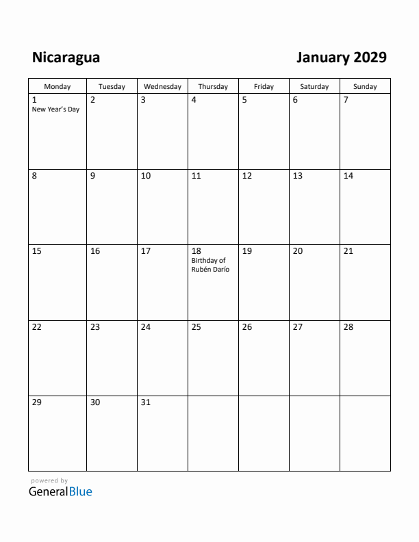 January 2029 Calendar with Nicaragua Holidays