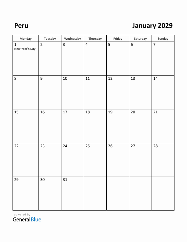 January 2029 Calendar with Peru Holidays