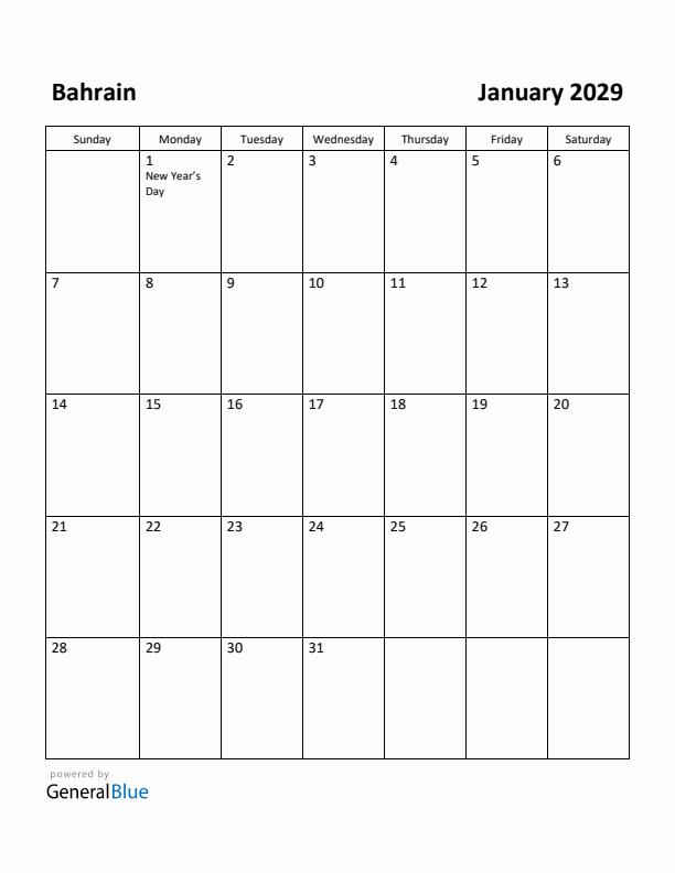 January 2029 Calendar with Bahrain Holidays