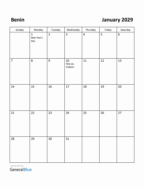 January 2029 Calendar with Benin Holidays