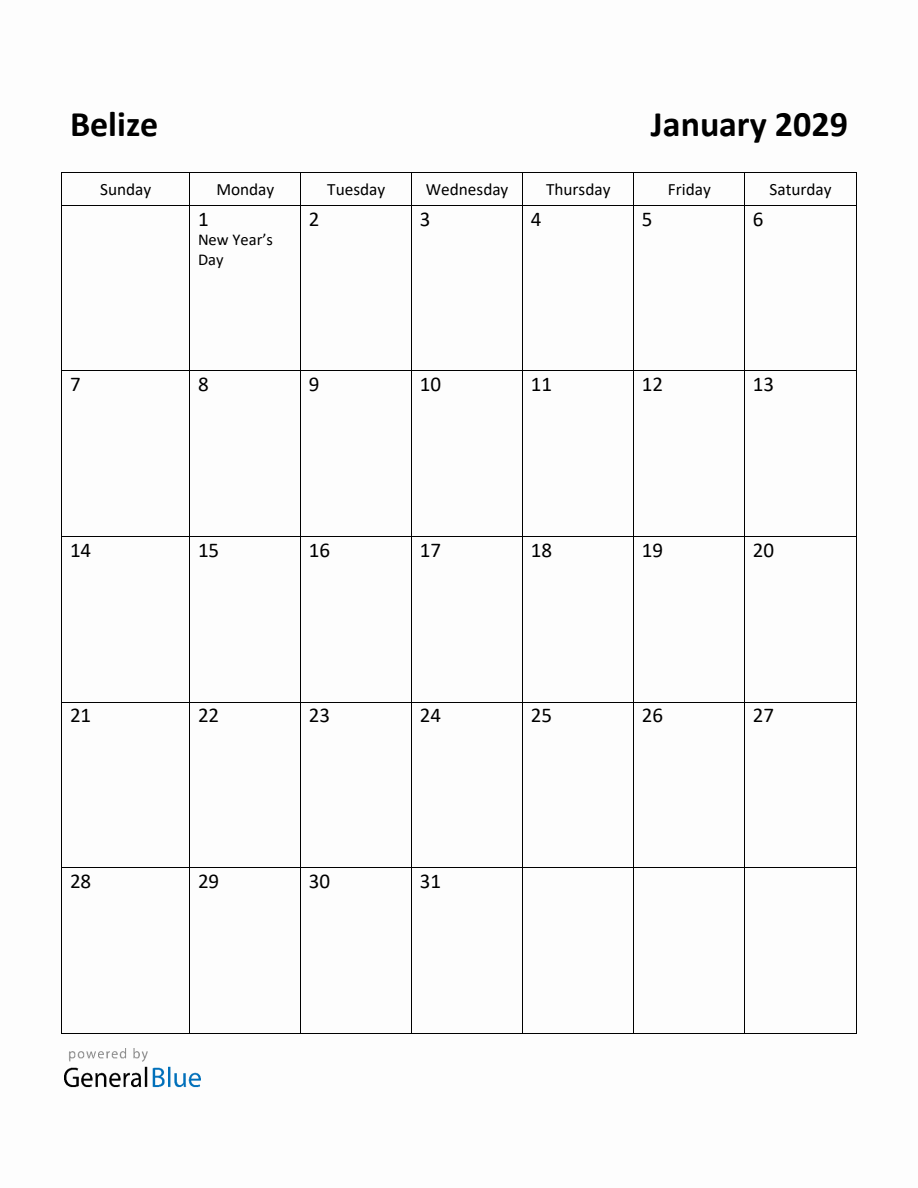 Free Printable January 2029 Calendar for Belize