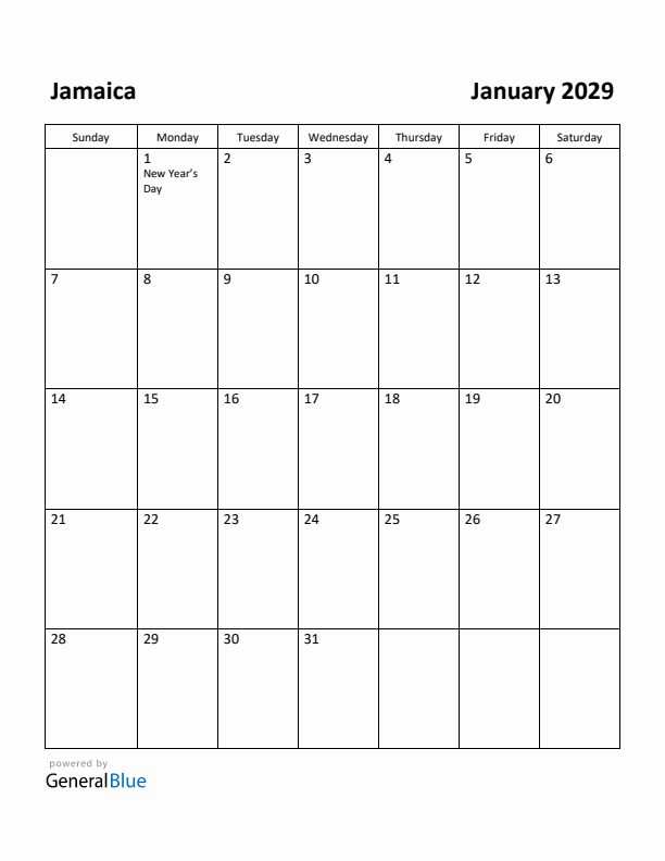 January 2029 Calendar with Jamaica Holidays