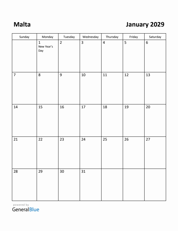 January 2029 Calendar with Malta Holidays
