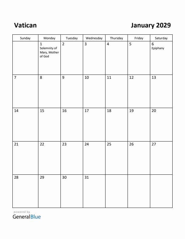 January 2029 Calendar with Vatican Holidays