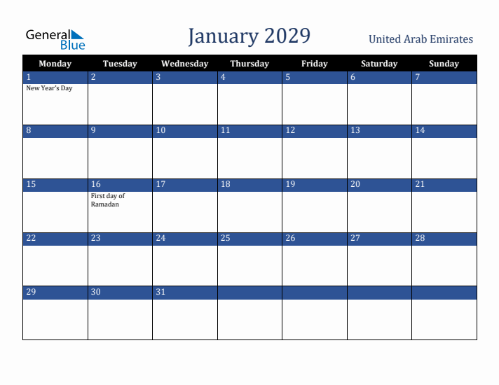 January 2029 United Arab Emirates Calendar (Monday Start)