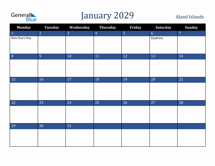 January 2029 Aland Islands Calendar (Monday Start)