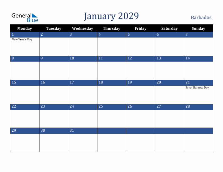 January 2029 Barbados Calendar (Monday Start)