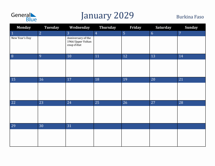 January 2029 Burkina Faso Calendar (Monday Start)