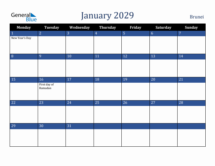 January 2029 Brunei Calendar (Monday Start)