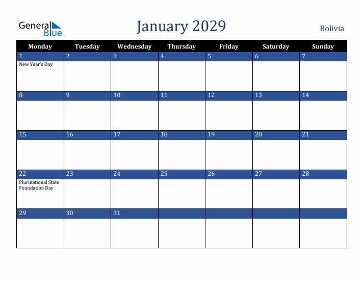 January 2029 Bolivia Calendar (Monday Start)