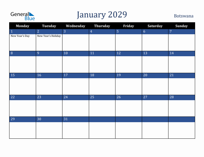 January 2029 Botswana Calendar (Monday Start)
