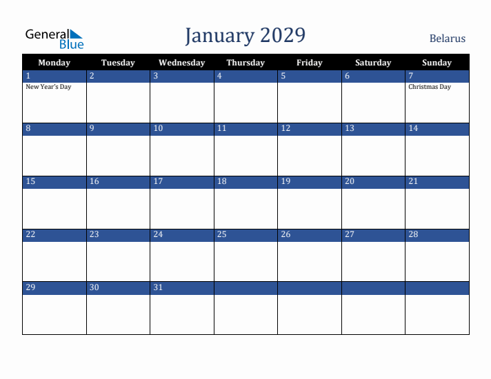 January 2029 Belarus Calendar (Monday Start)