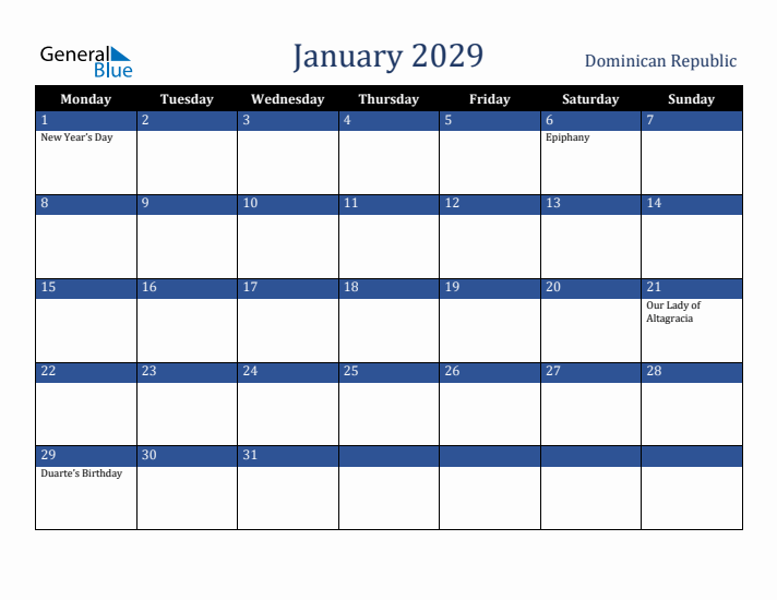 January 2029 Dominican Republic Calendar (Monday Start)
