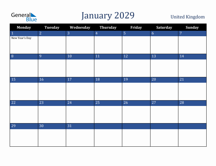 January 2029 United Kingdom Calendar (Monday Start)