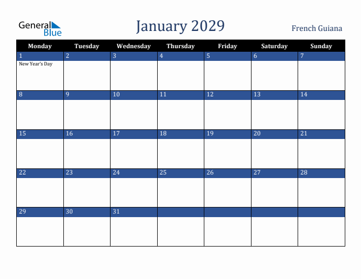 January 2029 French Guiana Calendar (Monday Start)
