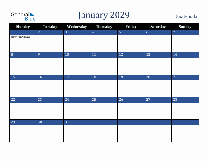January 2029 Guatemala Calendar (Monday Start)