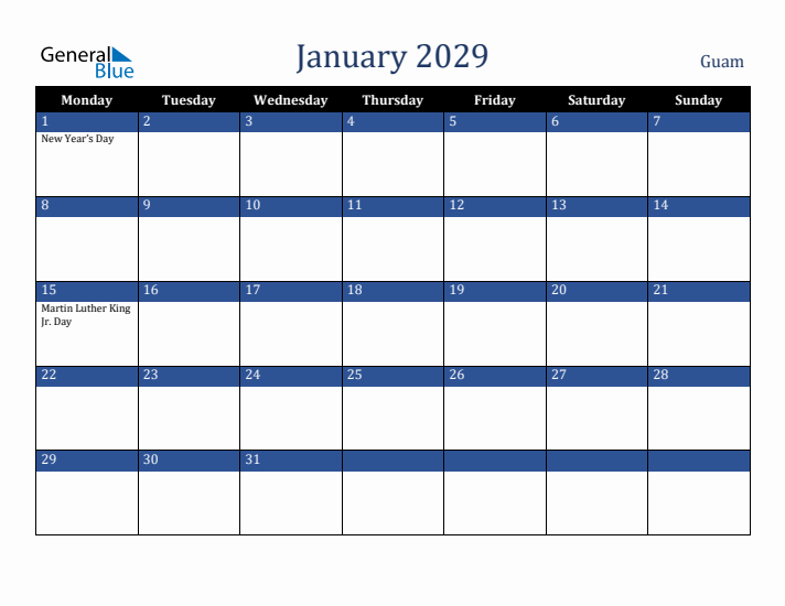 January 2029 Guam Calendar (Monday Start)